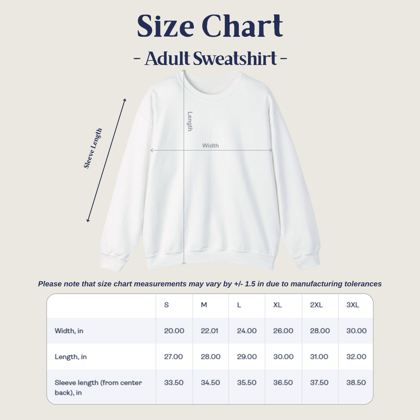 Size chart for adult sweatshirt with measurements on a beige background