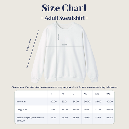 Size chart for adult sweatshirt with measurements on a beige background